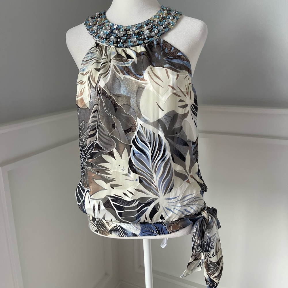 Elegant Beaded Halter Top - Blue and Cream Cache vintage silk blouse size 8.